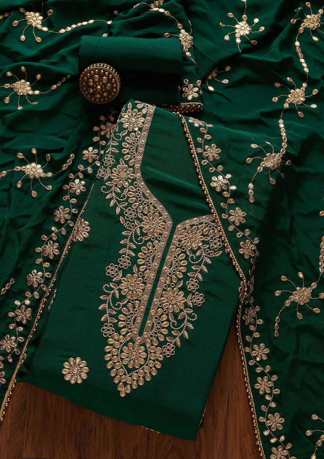 Bottle Green Gotapatti Georgette Designer Unstitched Salwar Suit - Koskii