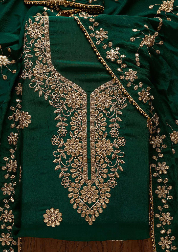 Bottle Green Gotapatti Georgette Designer Unstitched Salwar Suit - Koskii