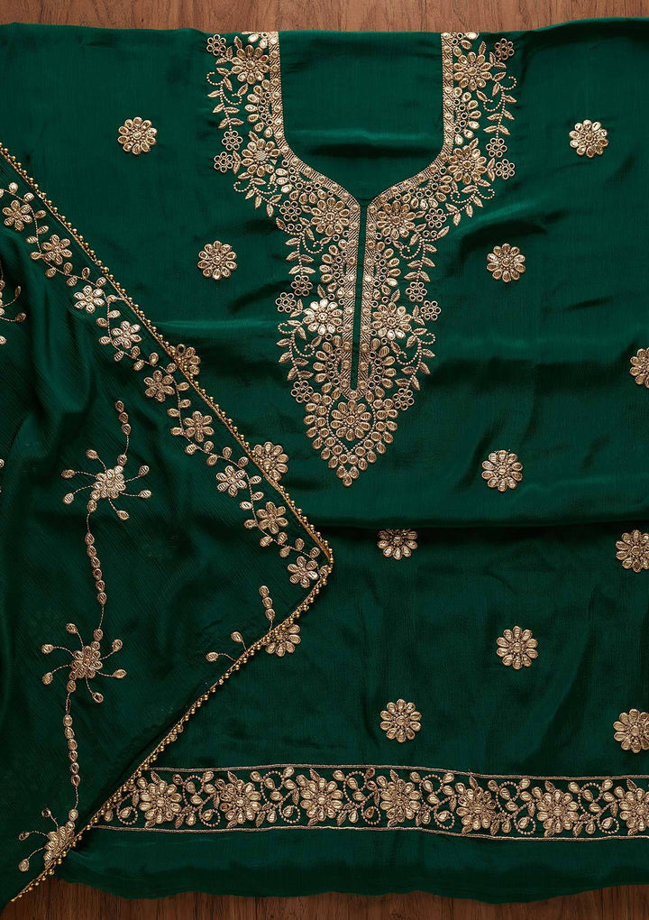Bottle Green Gotapatti Georgette Designer Unstitched Salwar Suit - Koskii