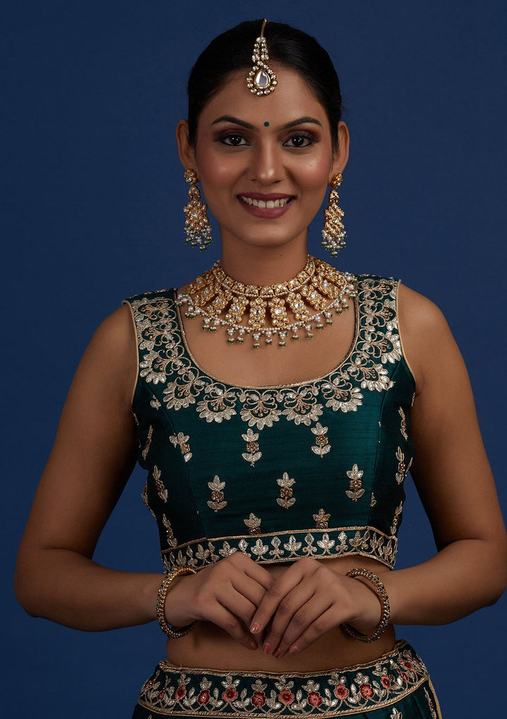 Bottle Green Gotapatti Raw Silk Designer Semi-Stitched Lehenga - Koskii
