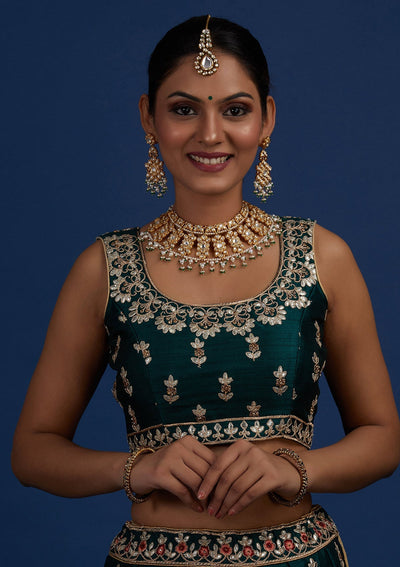 Bottle Green Gotapatti Raw Silk Designer Semi-Stitched Lehenga - Koskii