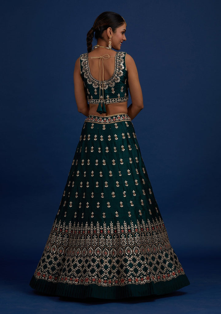 Bottle Green Gotapatti Raw Silk Designer Semi-Stitched Lehenga - Koskii