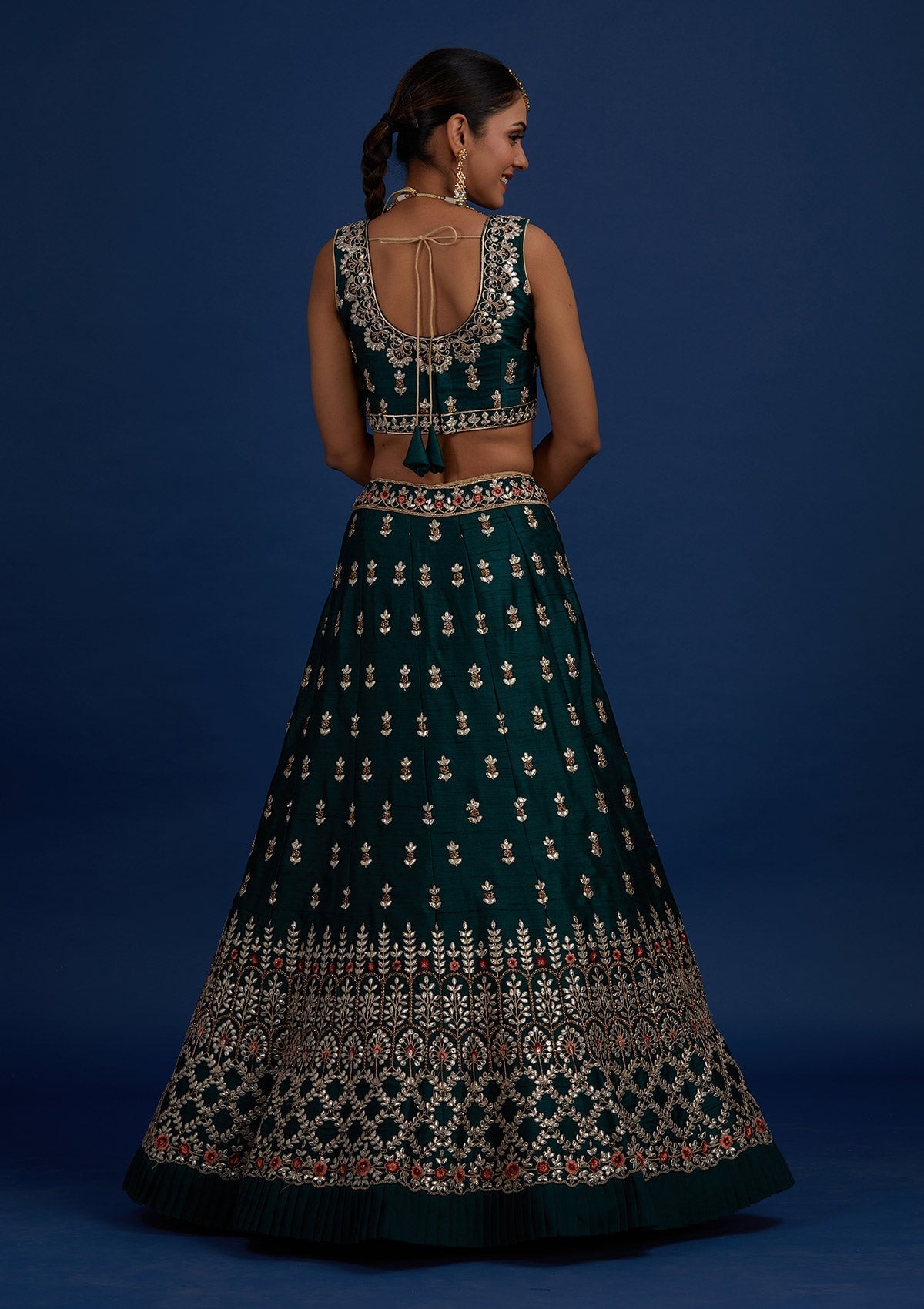 Bottle Green Gotapatti Raw Silk Designer Semi-Stitched Lehenga - Koskii