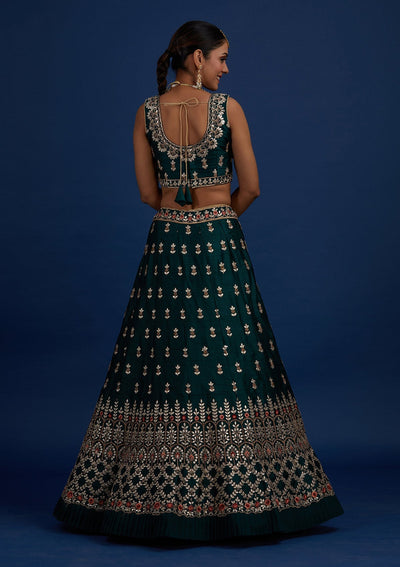 Bottle Green Gotapatti Raw Silk Designer Semi-Stitched Lehenga - Koskii