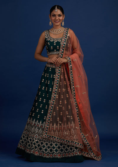 Bottle Green Gotapatti Raw Silk Designer Semi-Stitched Lehenga - Koskii