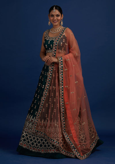 Bottle Green Gotapatti Raw Silk Designer Semi-Stitched Lehenga - Koskii