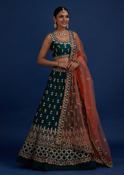 Bottle Green Gotapatti Raw Silk Designer Semi-Stitched Lehenga - Koskii