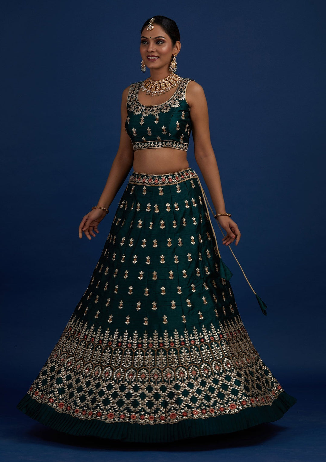 Bottle Green Gotapatti Raw Silk Designer Semi-Stitched Lehenga - Koskii