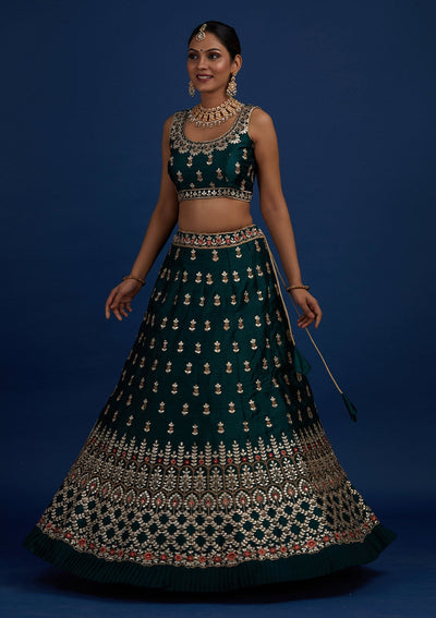 Bottle Green Gotapatti Raw Silk Designer Semi-Stitched Lehenga - Koskii