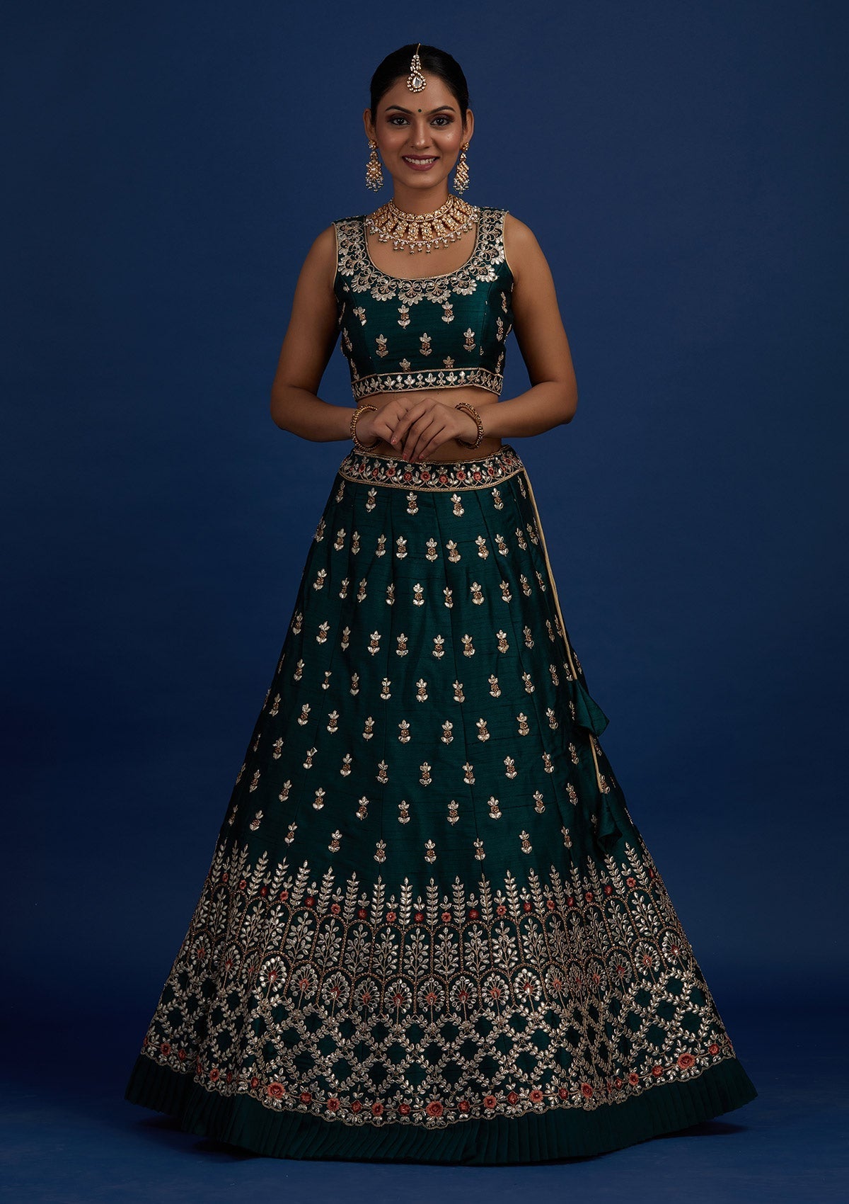 Bottle Green Gotapatti Raw Silk Designer Semi-Stitched Lehenga - Koskii