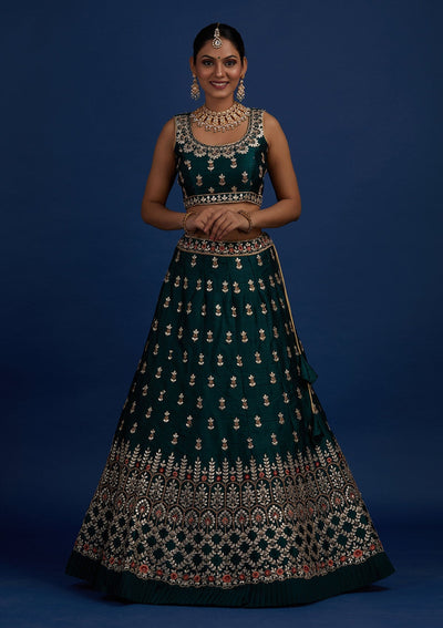 Bottle Green Gotapatti Raw Silk Designer Semi-Stitched Lehenga - Koskii