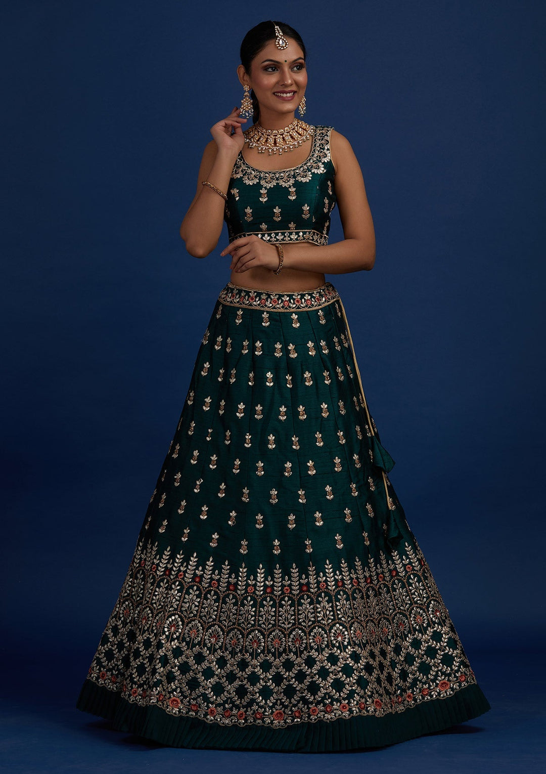 Bottle Green Gotapatti Raw Silk Designer Semi-Stitched Lehenga - Koskii