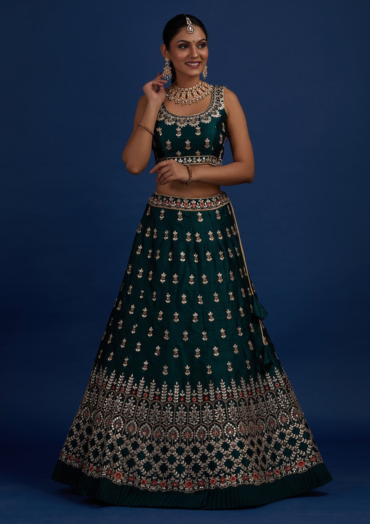 Bottle Green Gotapatti Raw Silk Designer Semi-Stitched Lehenga - Koskii