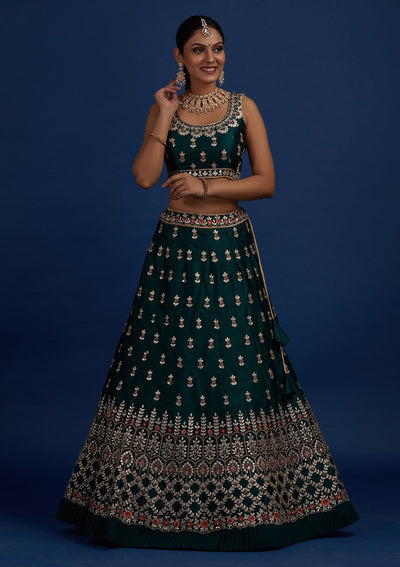 Bottle Green Gotapatti Raw Silk Designer Semi-Stitched Lehenga - Koskii