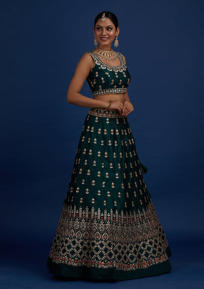 Bottle Green Gotapatti Raw Silk Designer Semi-Stitched Lehenga - Koskii