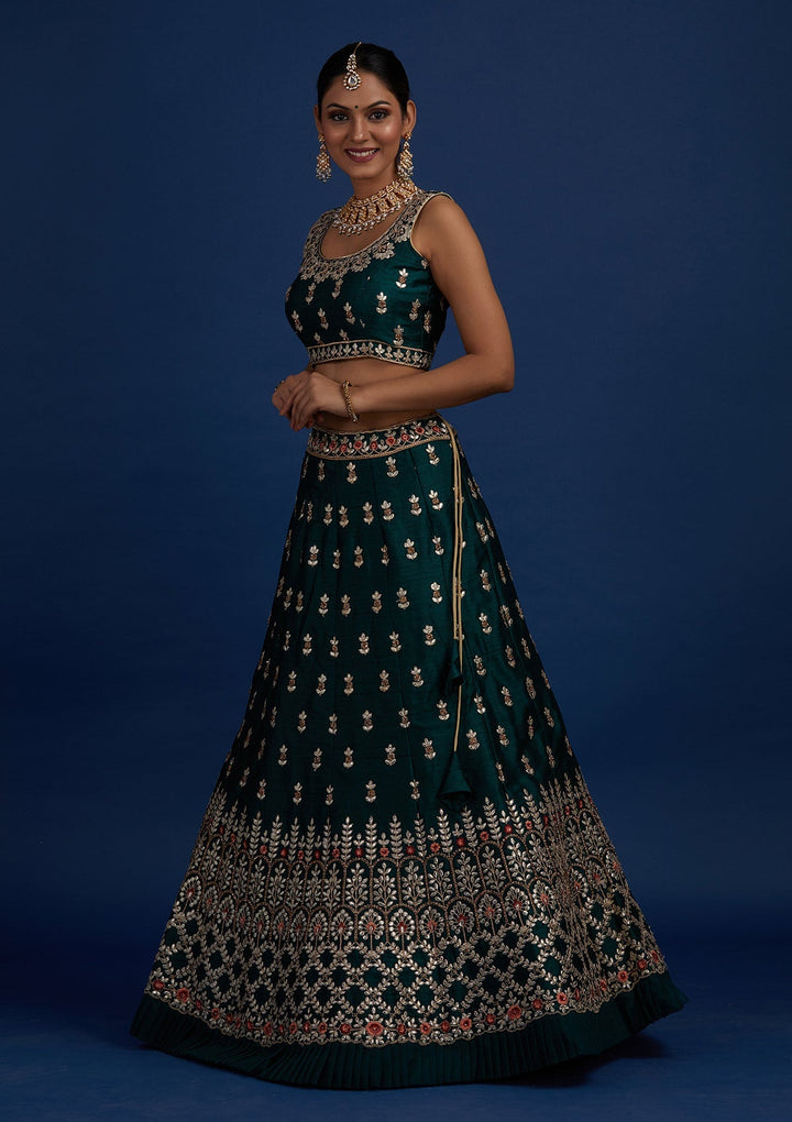 Bottle Green Gotapatti Raw Silk Designer Semi-Stitched Lehenga - Koskii