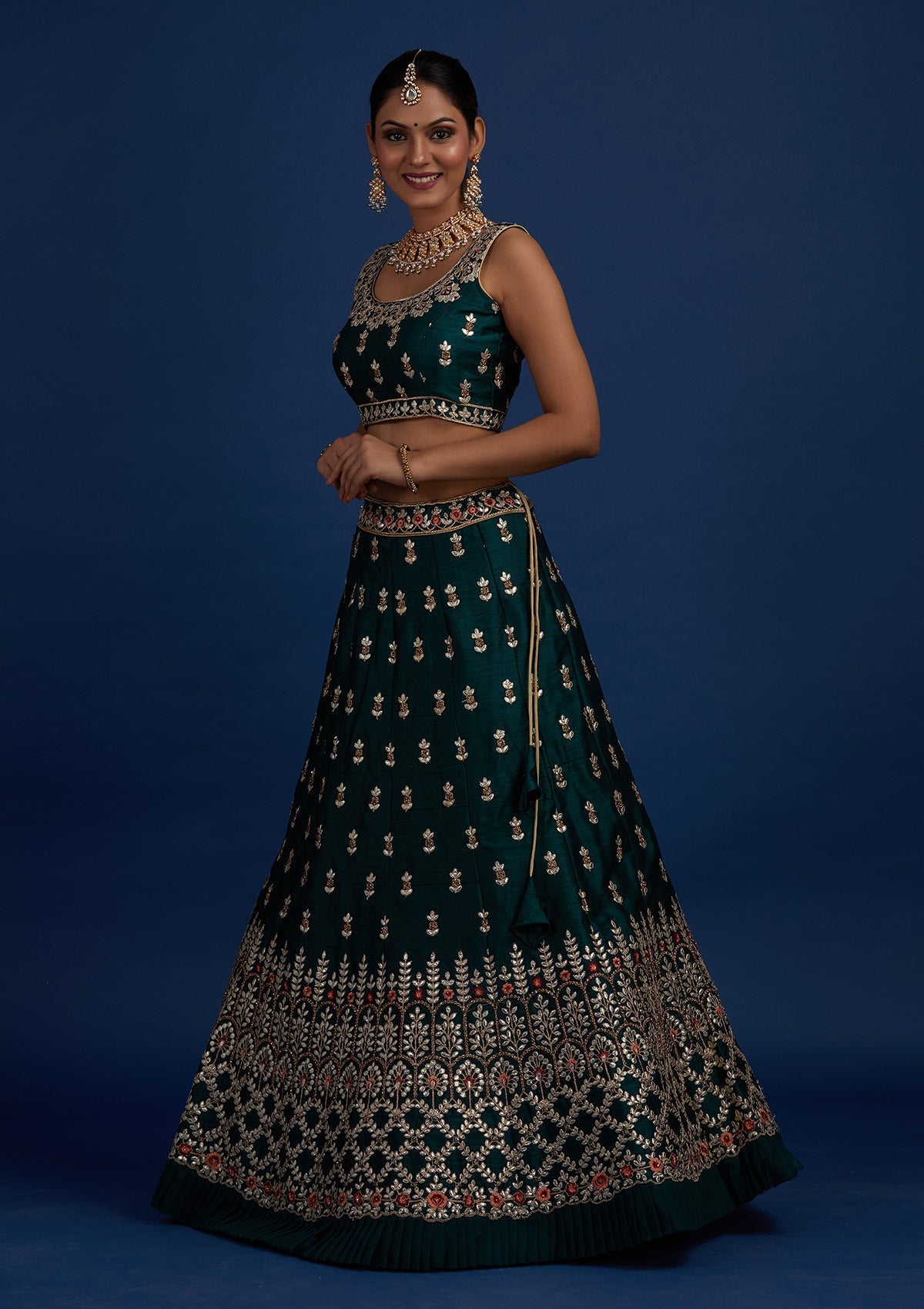 Bottle Green Gotapatti Raw Silk Designer Semi-Stitched Lehenga - Koskii