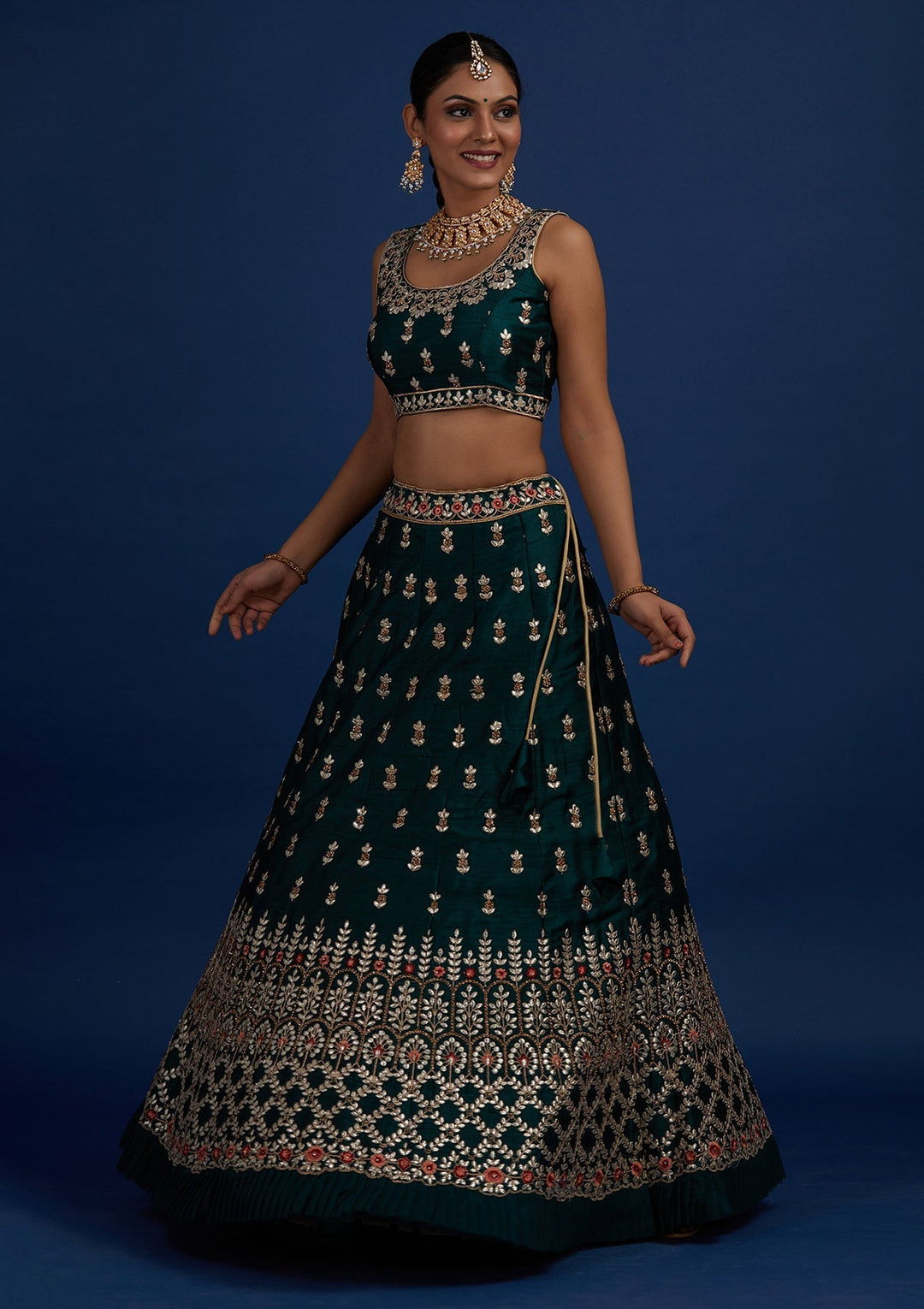 Bottle Green Gotapatti Raw Silk Designer Semi-Stitched Lehenga - Koskii