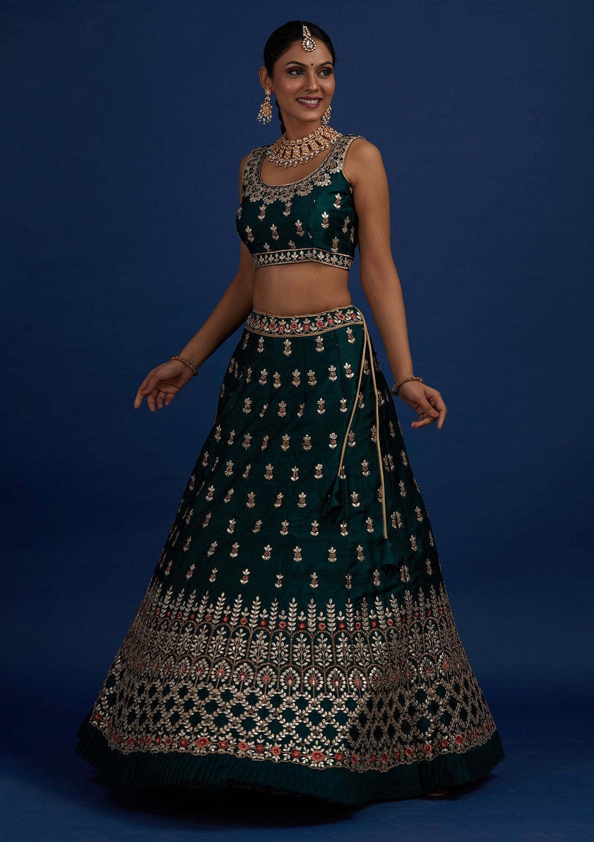 Bottle Green Gotapatti Raw Silk Designer Semi-Stitched Lehenga - Koskii