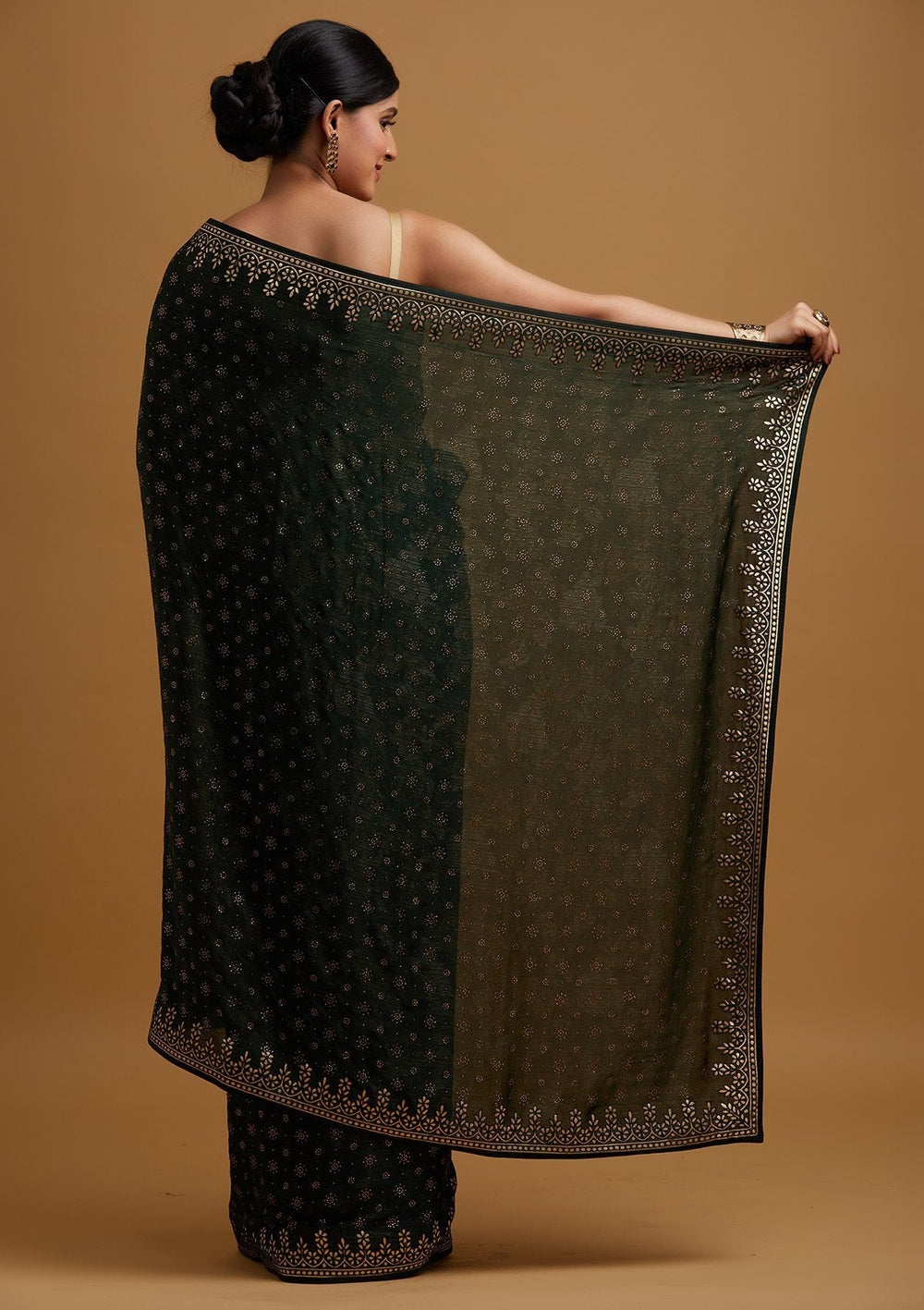 Bottle Green Gotapatti Semi Crepe Designer Saree - koskii