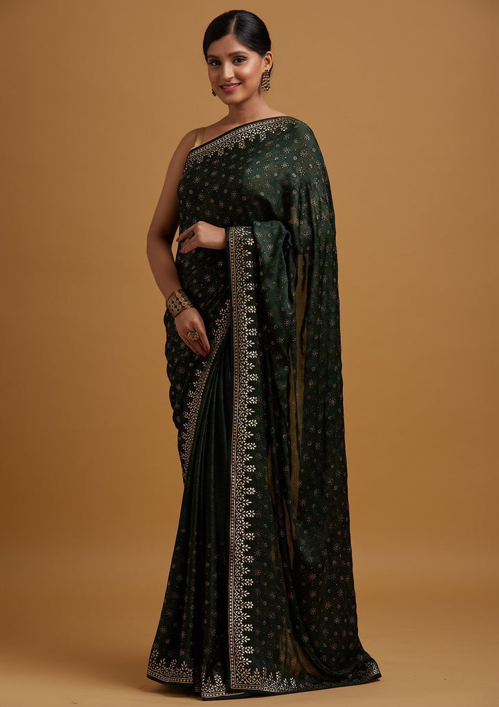 Bottle Green Gotapatti Semi Crepe Designer Saree - koskii