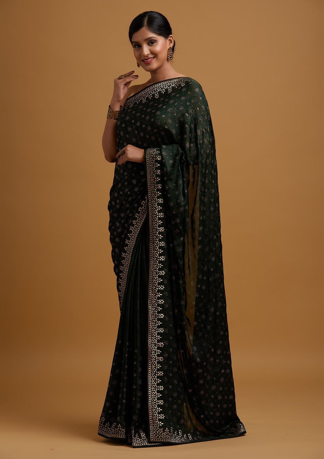 Bottle Green Gotapatti Semi Crepe Designer Saree - koskii