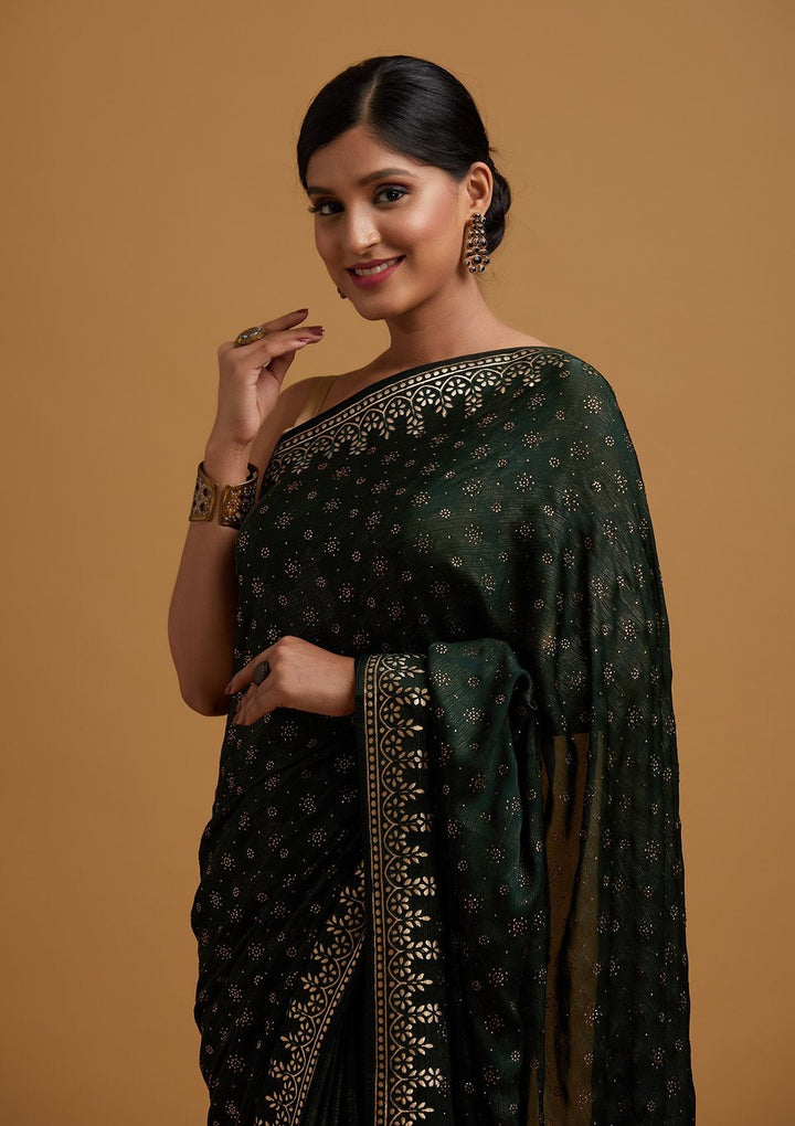 Bottle Green Gotapatti Semi Crepe Designer Saree - koskii