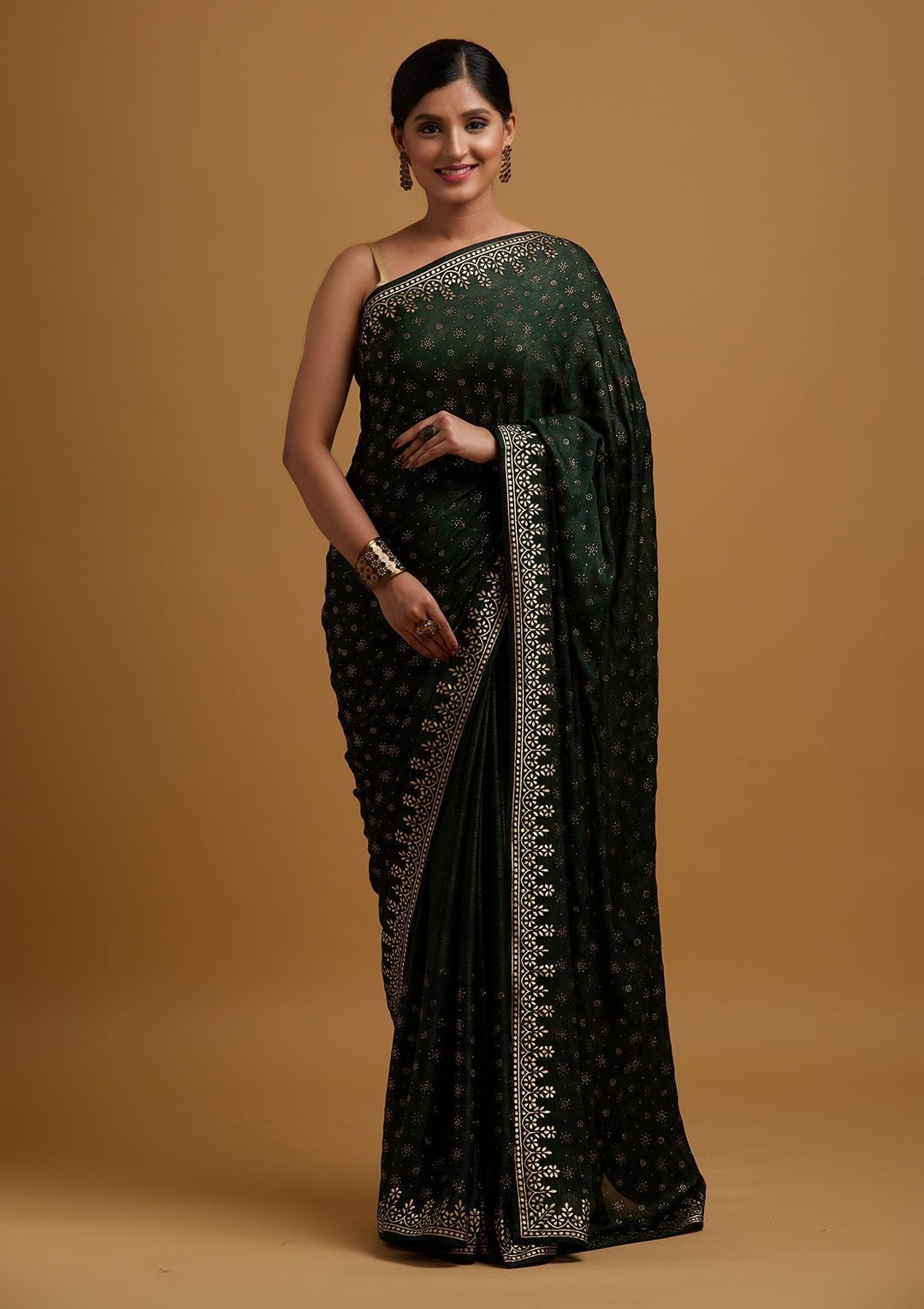 Bottle Green Gotapatti Semi Crepe Designer Saree - koskii