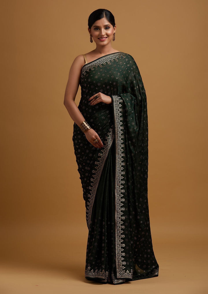 Bottle Green Gotapatti Semi Crepe Designer Saree - koskii