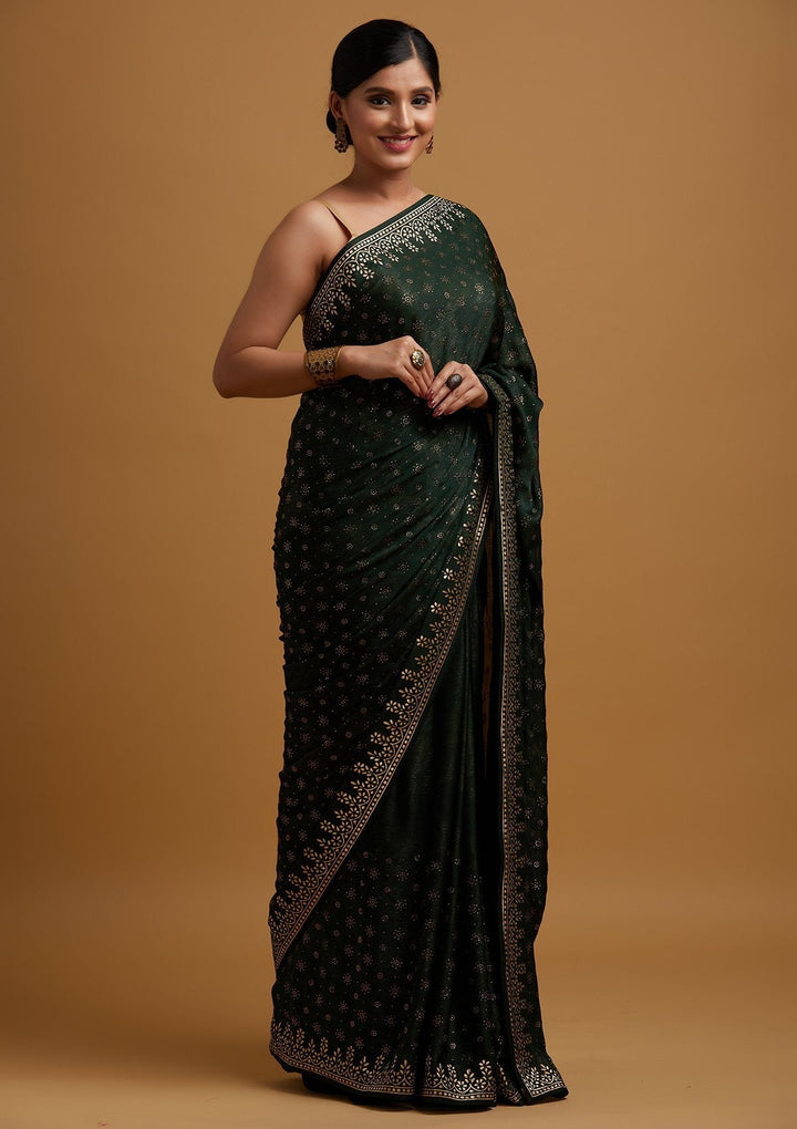 Bottle Green Gotapatti Semi Crepe Designer Saree - koskii