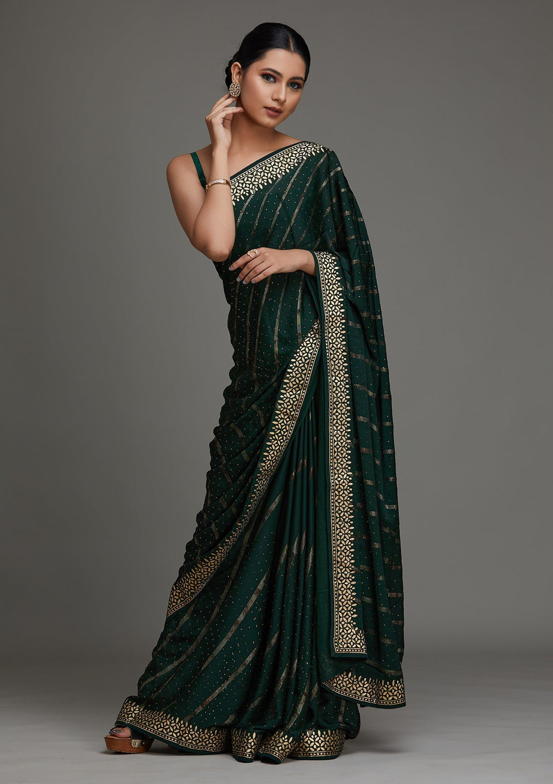 Bottle Green Gotapatti Shimmer Saree- Koskii