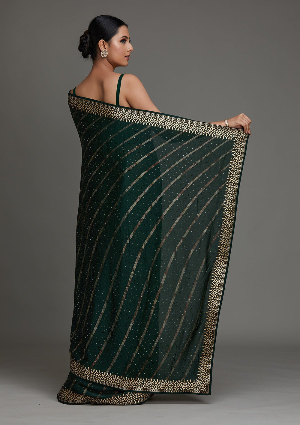 Bottle Green Gotapatti Shimmer Saree - Koskii