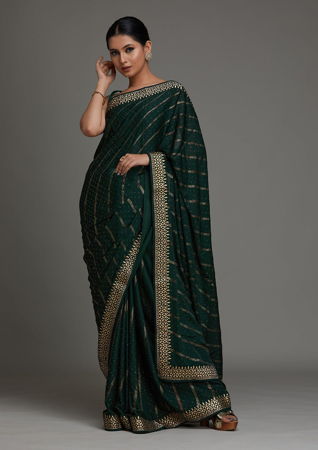 Bottle Green Gotapatti Shimmer Saree - Koskii