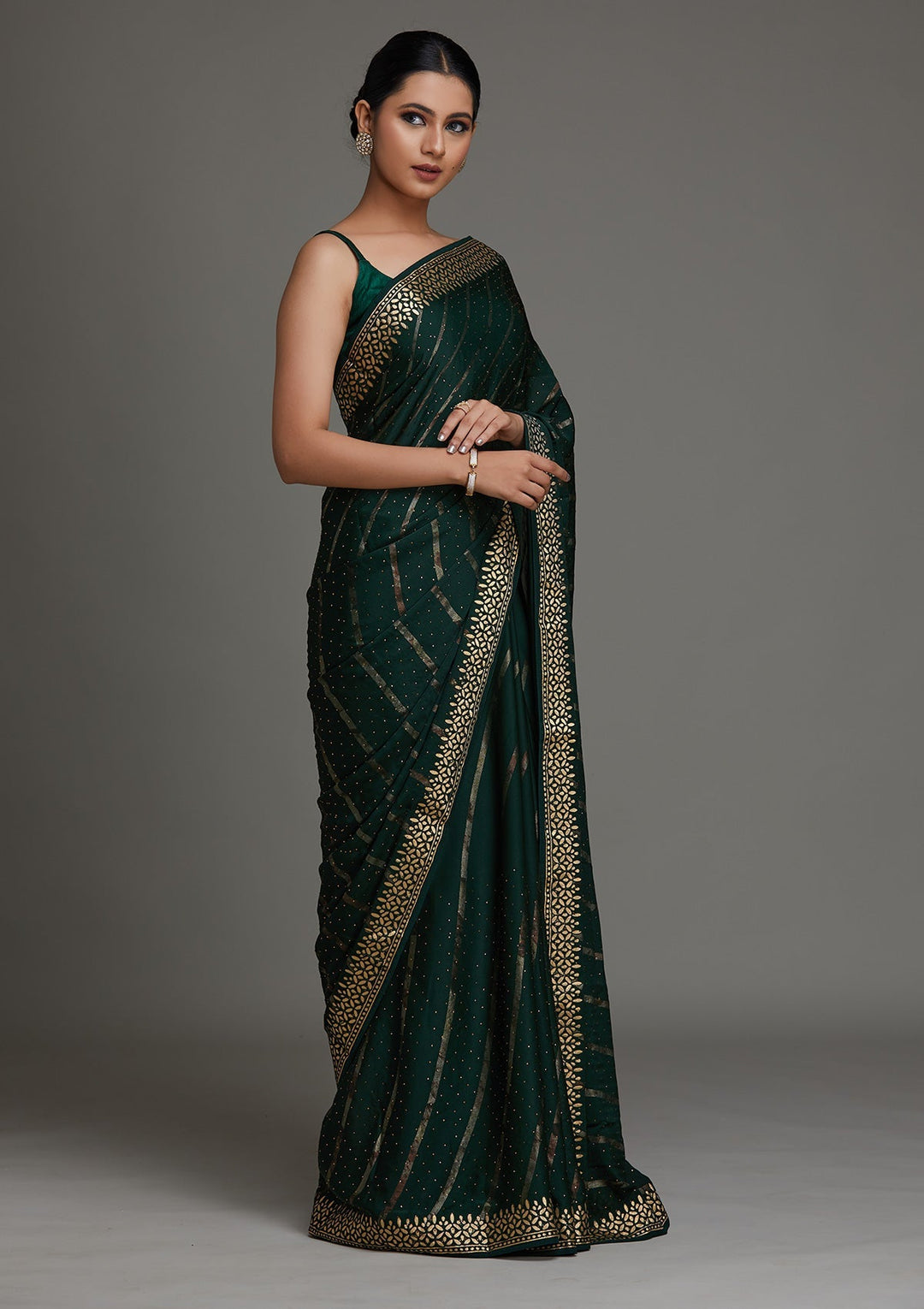 Bottle Green Gotapatti Shimmer Saree - Koskii