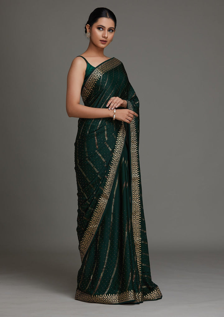 Bottle Green Gotapatti Shimmer Saree - Koskii