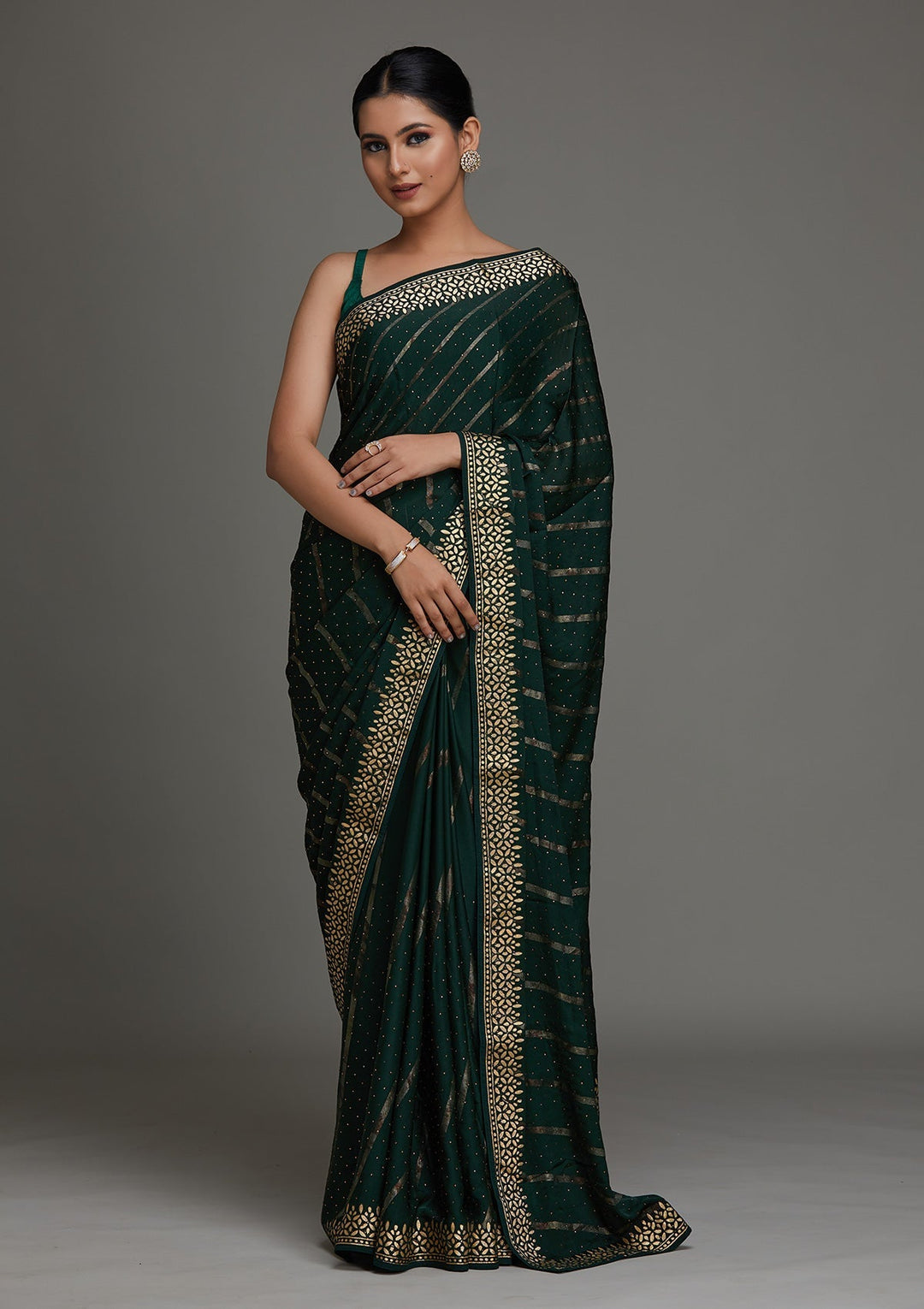 Bottle Green Gotapatti Shimmer Saree - Koskii