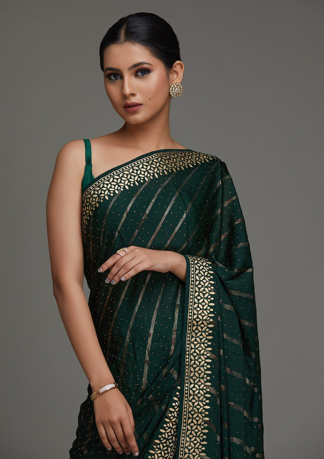 Bottle Green Gotapatti Shimmer Saree - Koskii