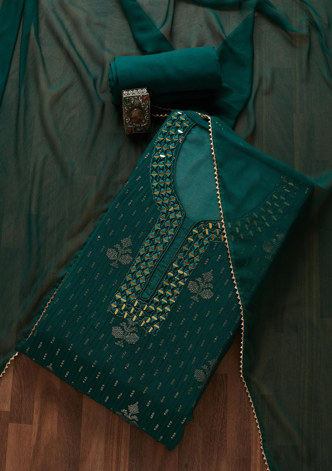 Bottle Green Mirrorwork Georgette Designer Semi-Stitched Salwar Suit - Koskii
