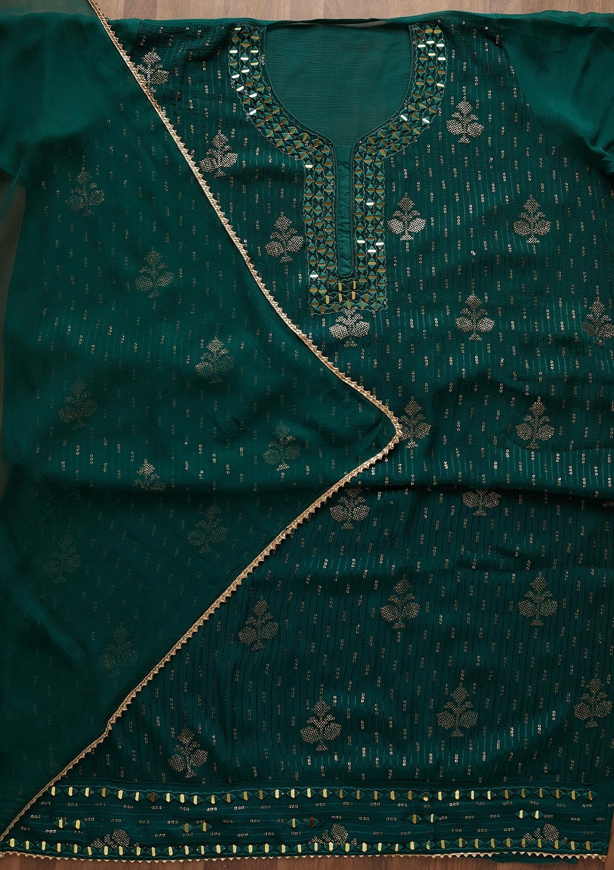 Bottle Green Mirrorwork Georgette Designer Semi-Stitched Salwar Suit - Koskii