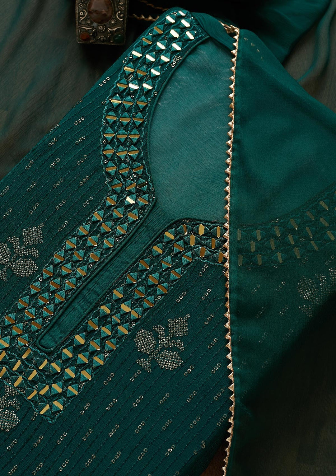 Bottle Green Mirrorwork Georgette Designer Semi-Stitched Salwar Suit - Koskii
