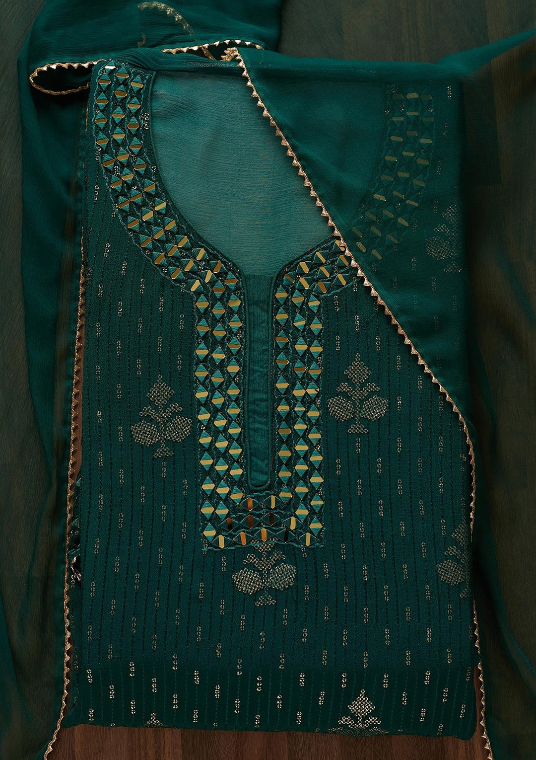 Bottle Green Mirrorwork Georgette Designer Semi-Stitched Salwar Suit - Koskii
