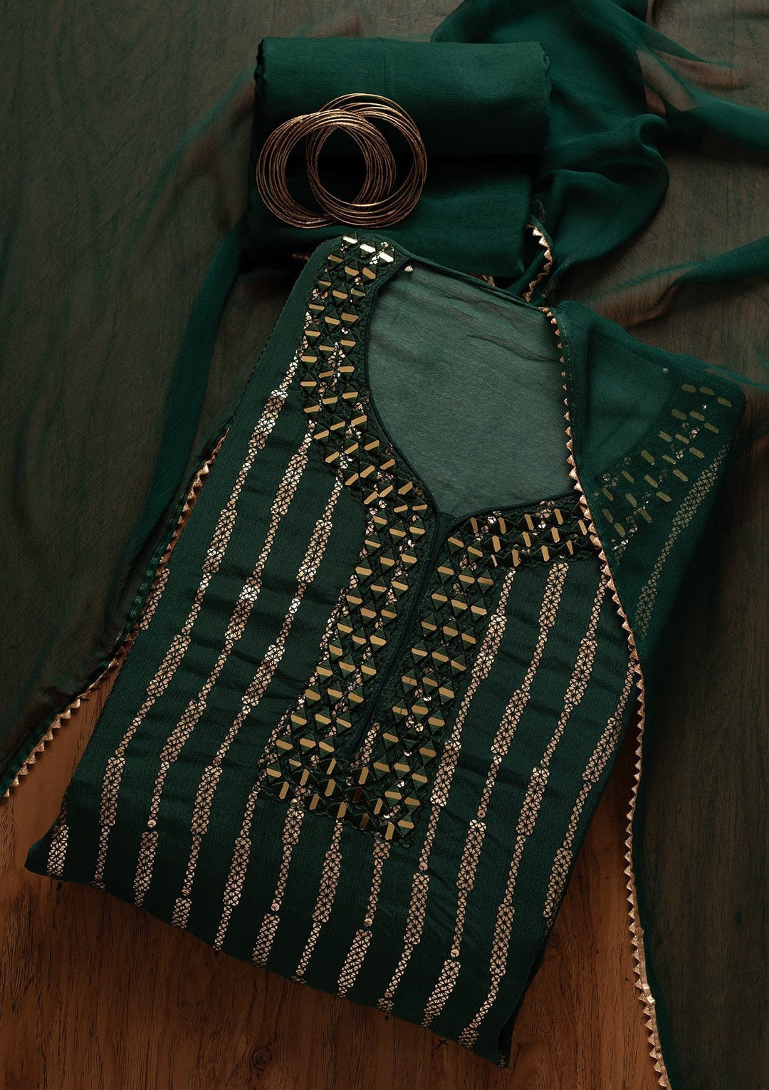 Bottle Green Mirrorwork Semi Crepe Designer Semi-Stitched Salwar Suit - koskii