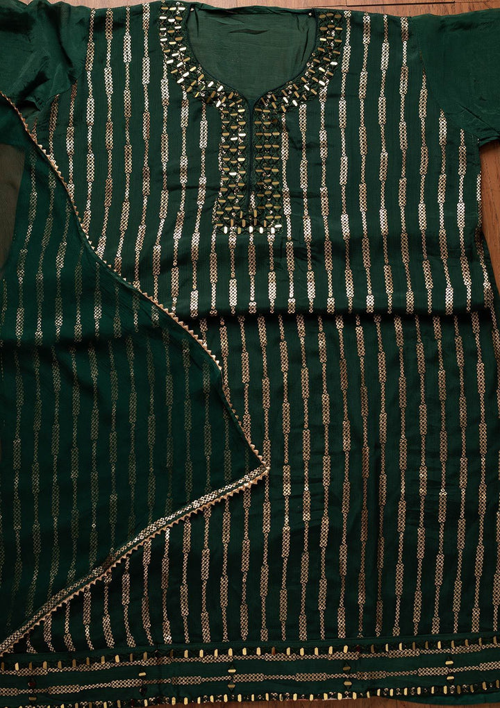 Bottle Green Mirrorwork Semi Crepe Designer Semi-Stitched Salwar Suit - koskii