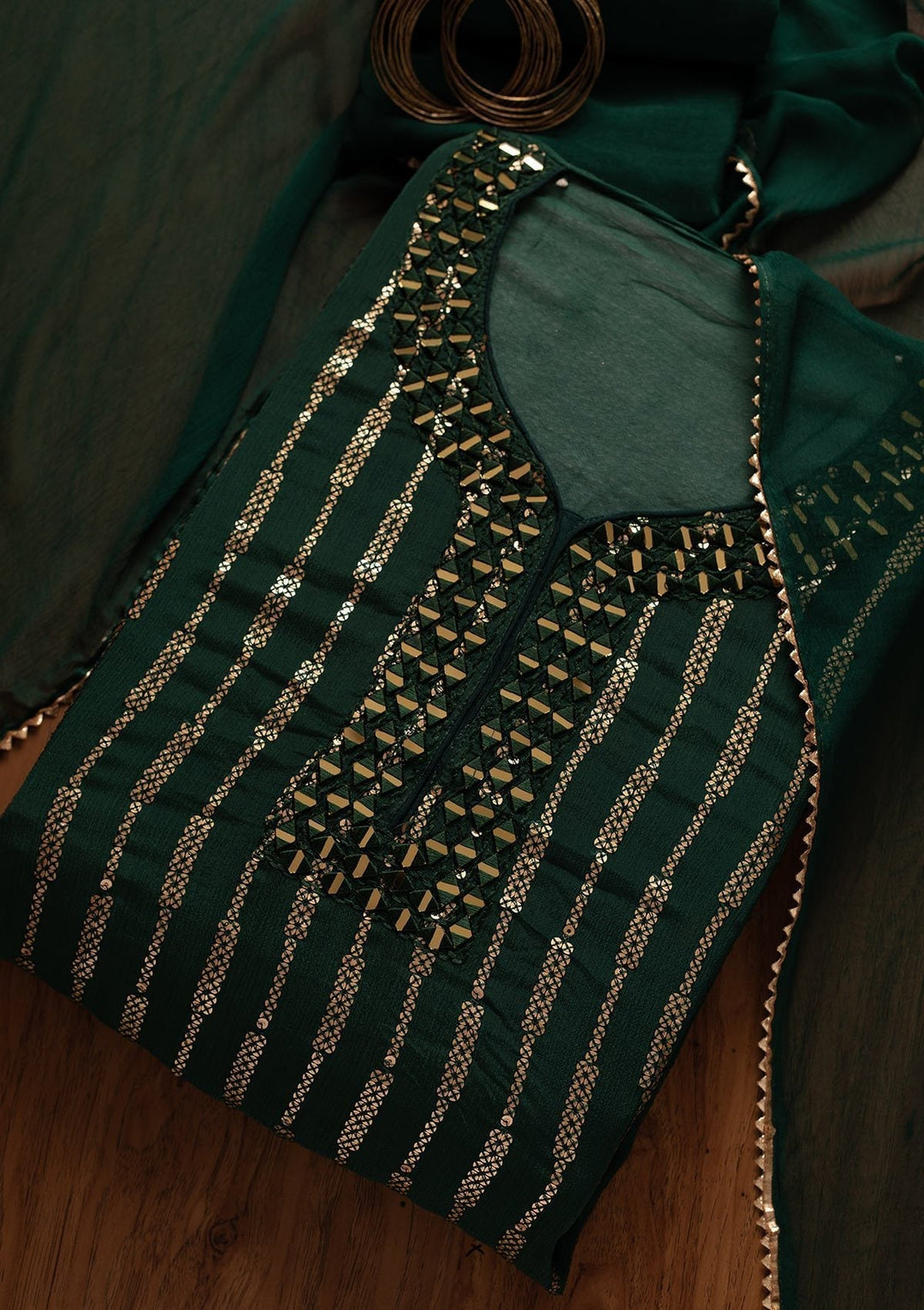 Bottle Green Mirrorwork Semi Crepe Designer Semi-Stitched Salwar Suit - koskii