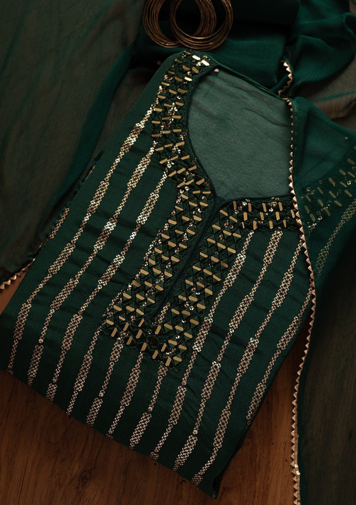 Bottle Green Mirrorwork Semi Crepe Designer Semi-Stitched Salwar Suit - koskii