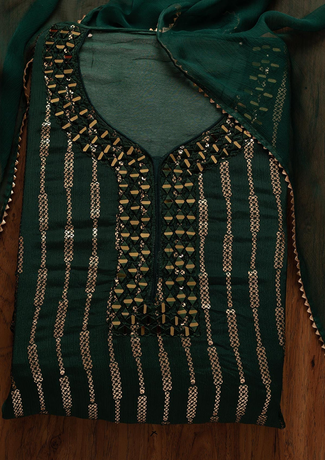 Bottle Green Mirrorwork Semi Crepe Designer Semi-Stitched Salwar Suit - koskii