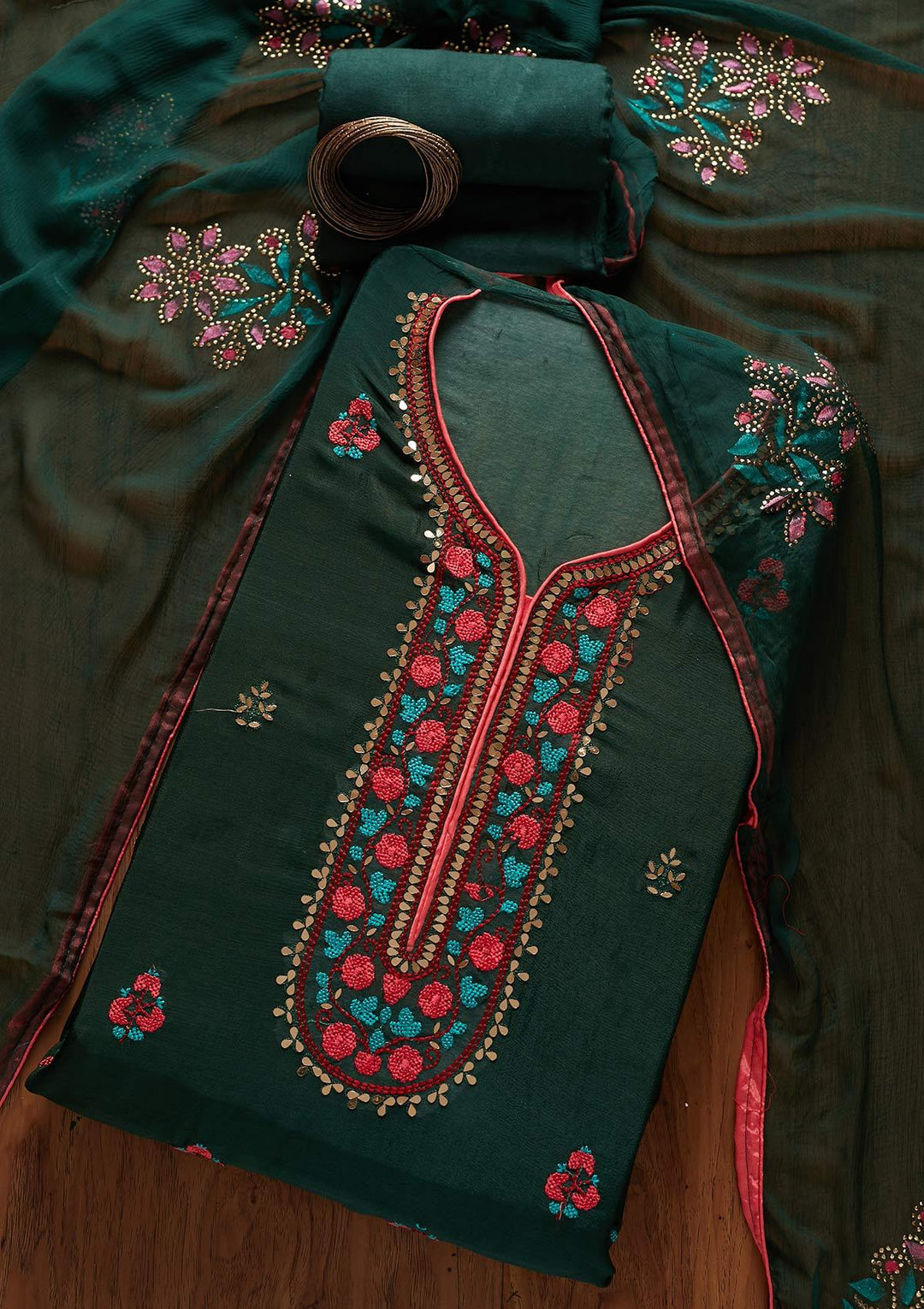 Bottle Green Mirrorwork Semi Crepe Designer Unstitched Salwar Suit - koskii