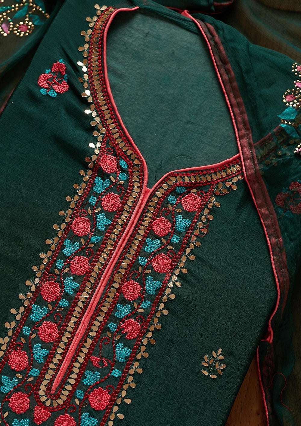 Bottle Green Mirrorwork Semi Crepe Designer Unstitched Salwar Suit - koskii