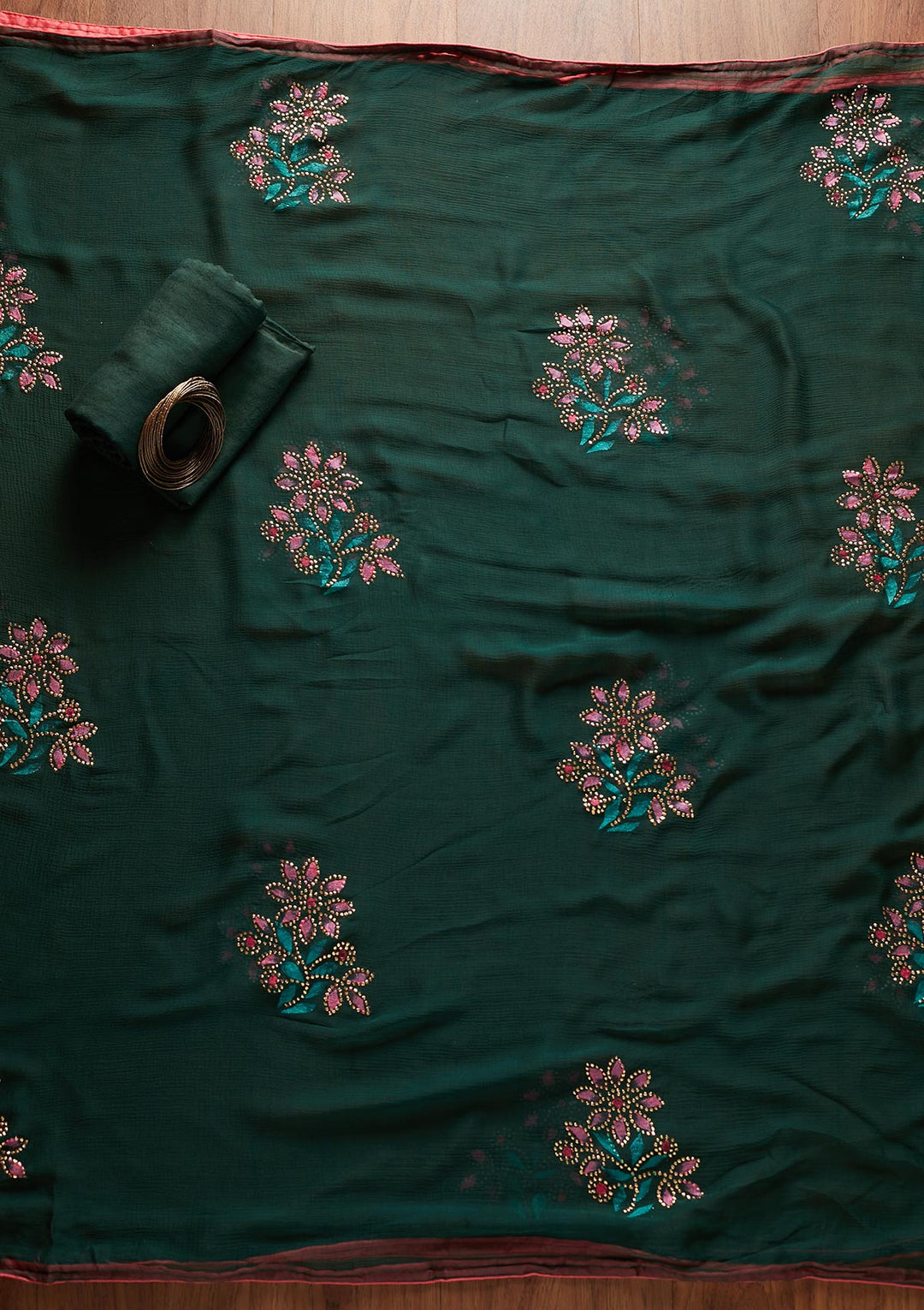 Bottle Green Mirrorwork Semi Crepe Designer Unstitched Salwar Suit - koskii