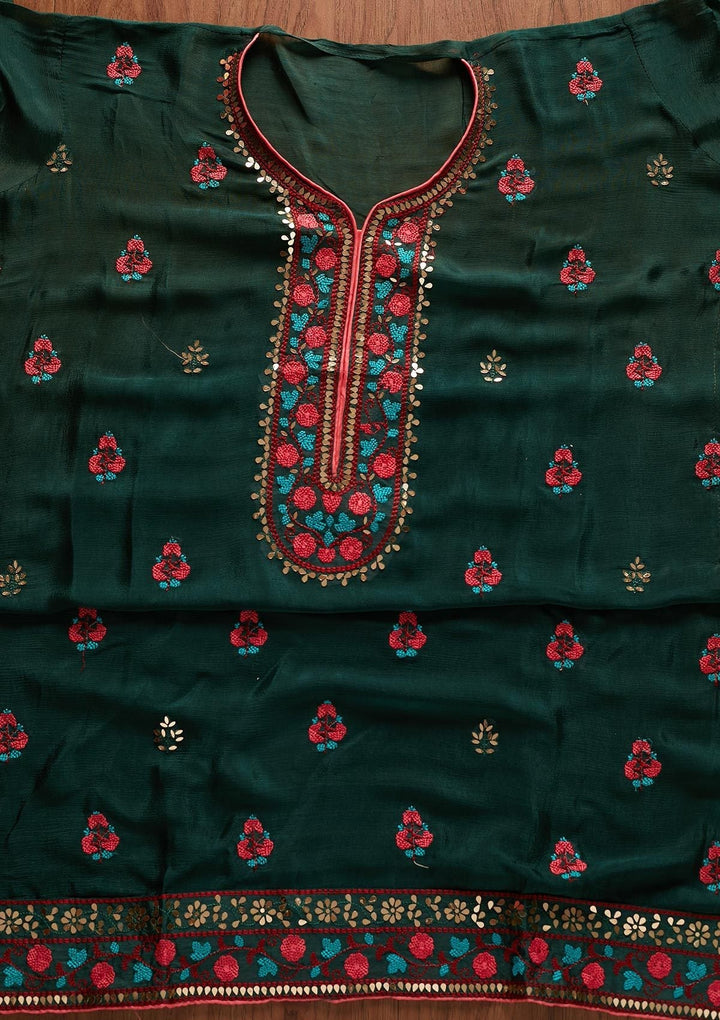 Bottle Green Mirrorwork Semi Crepe Designer Unstitched Salwar Suit - koskii
